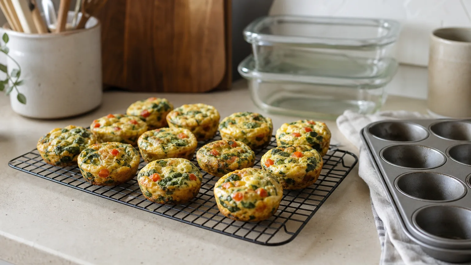 A dozen baked egg muffins with spinach and red pepper cooling on a wire rack beside a muffin tin
