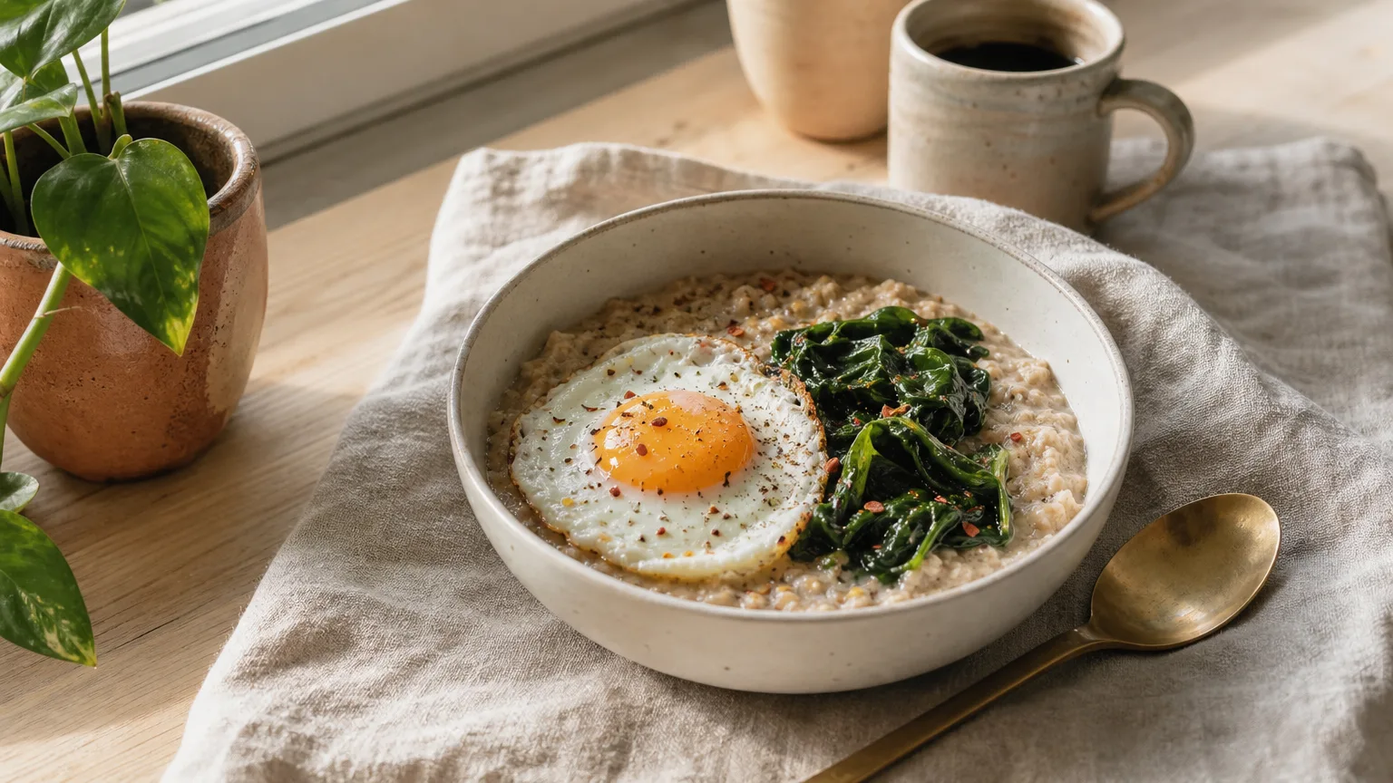 A bowl of savory oatmeal topped with a fried egg, spinach and chili flakes