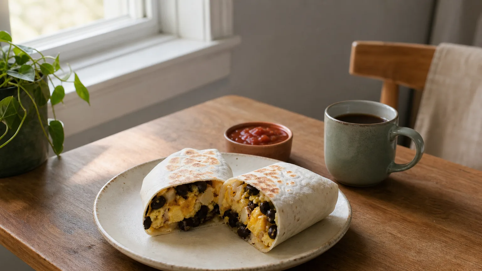 A breakfast burrito cut in half to show eggs and black beans, with a bowl of salsa and a cup of coffee