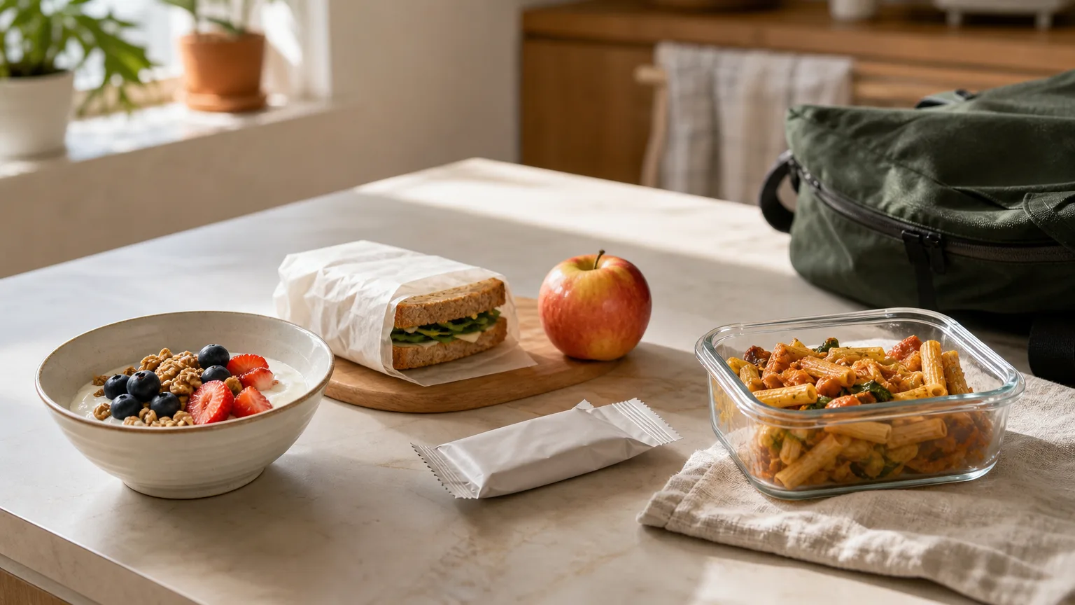 A yogurt bowl, a wrapped sandwich, an apple, a snack bar and a container of leftover pasta on a counter