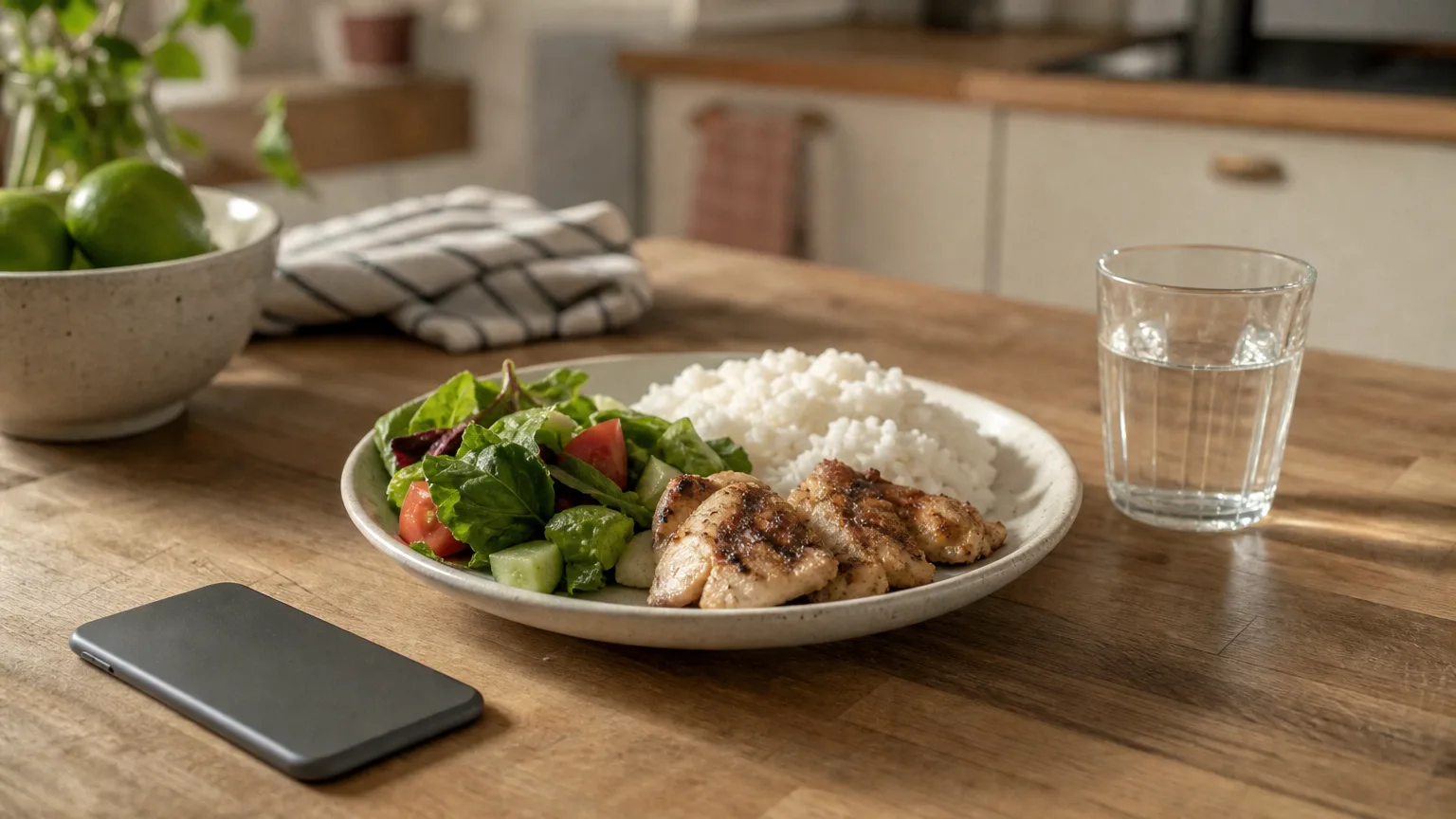 A plate of grilled chicken, rice and salad on a kitchen counter with a phone beside it