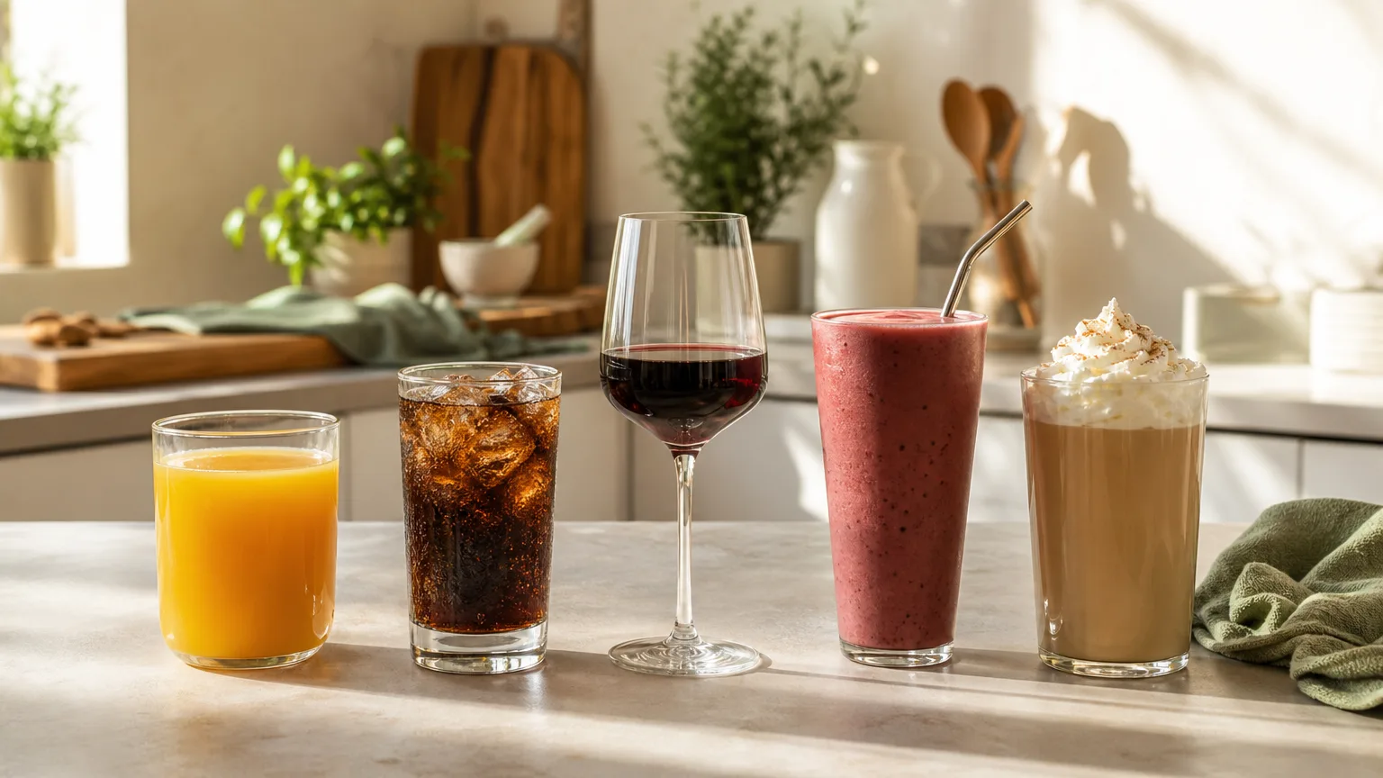 Orange juice, cola, red wine, a smoothie and a whipped-cream latte on a counter