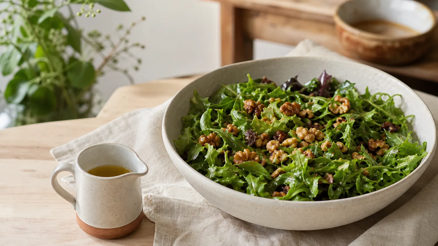 A salad dressed with olive oil and toasted nuts beside a small jug of oil