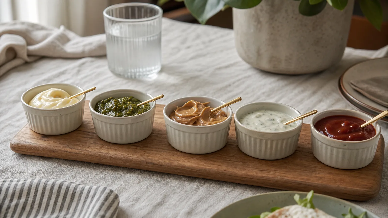 Small ramekins of mayonnaise, pesto, peanut butter, ranch and ketchup on a board