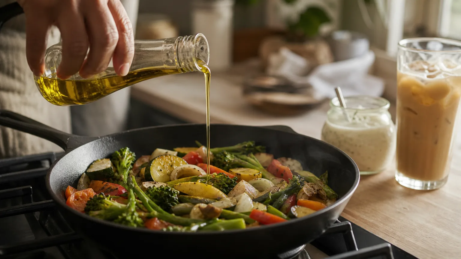 Olive oil pouring into a skillet, with a jar of dressing and an iced latte behind it