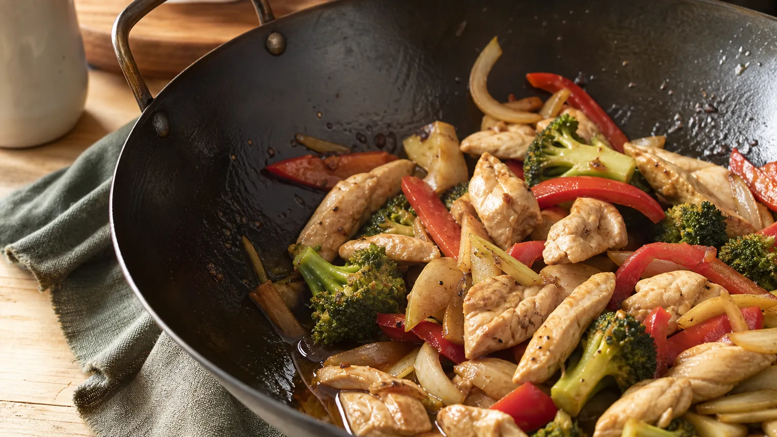 A chicken and vegetable stir-fry glistening with oil in a wok