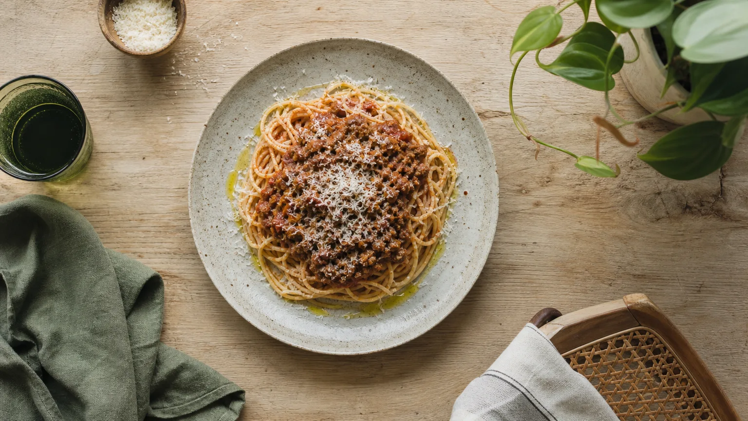 Overhead view of spaghetti bolognese topped with olive oil and grated cheese