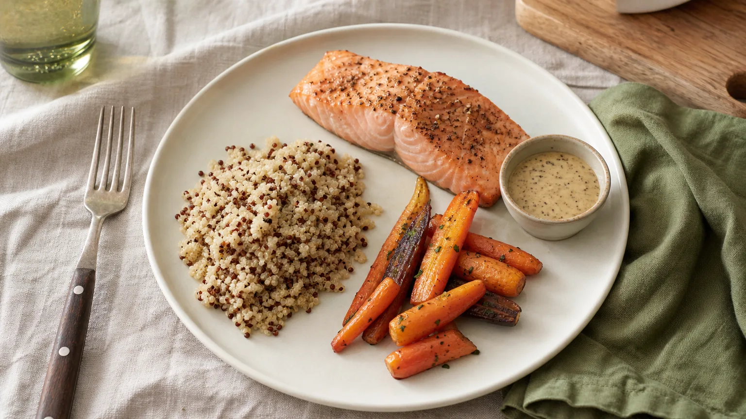Overhead plate with salmon, quinoa, roasted carrots and sauce kept separate