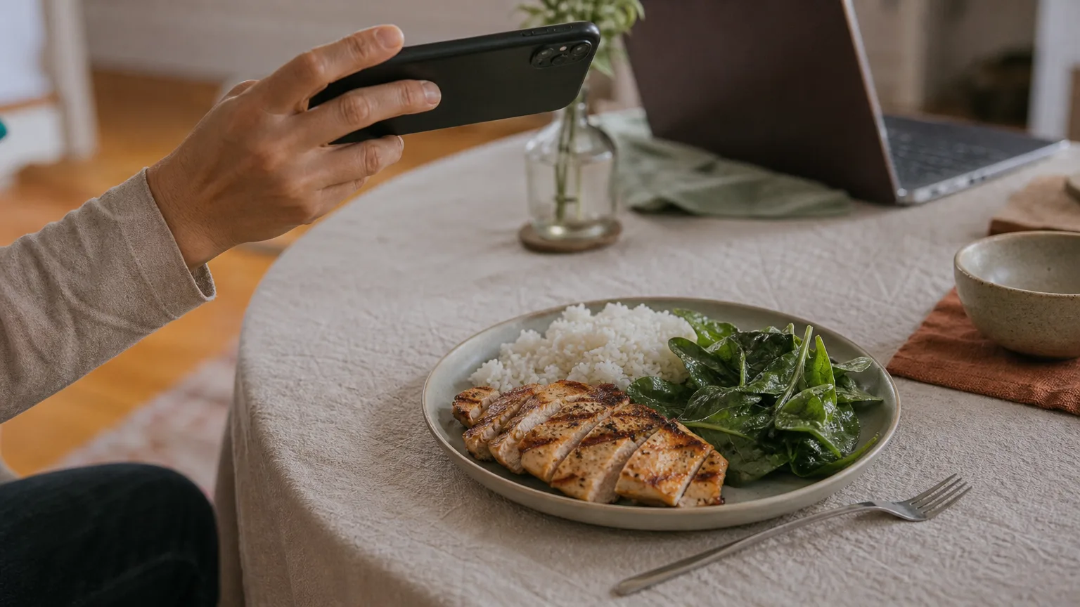 A hand aiming a phone at a plate of grilled chicken, rice and spinach