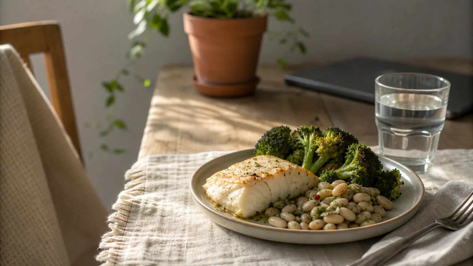 Baked cod with herbed white beans and roasted broccoli, with a glass of water
