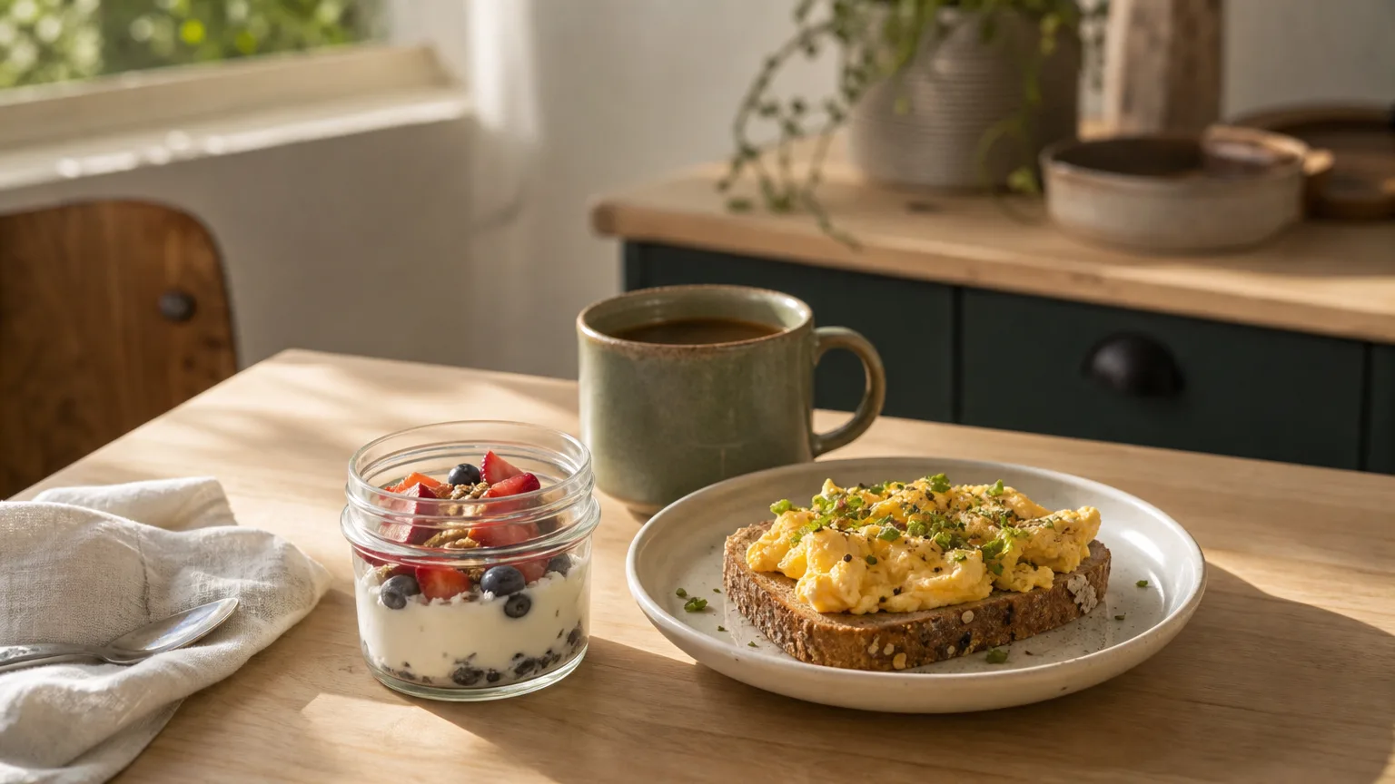 Breakfast of scrambled eggs on toast, yogurt with berries and coffee
