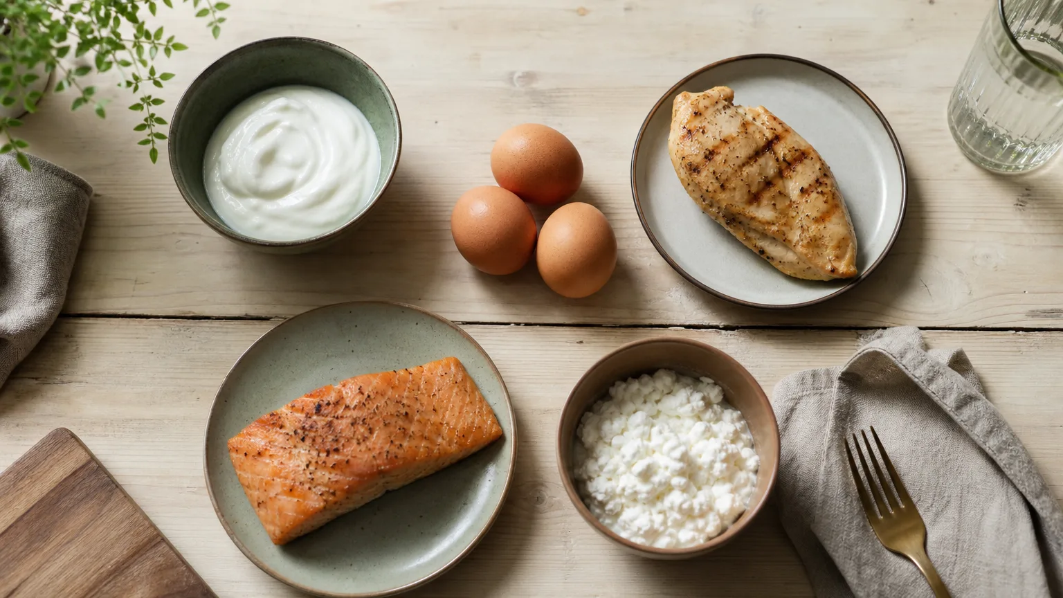 Single portions of Greek yogurt, eggs, chicken, salmon and cottage cheese on a table