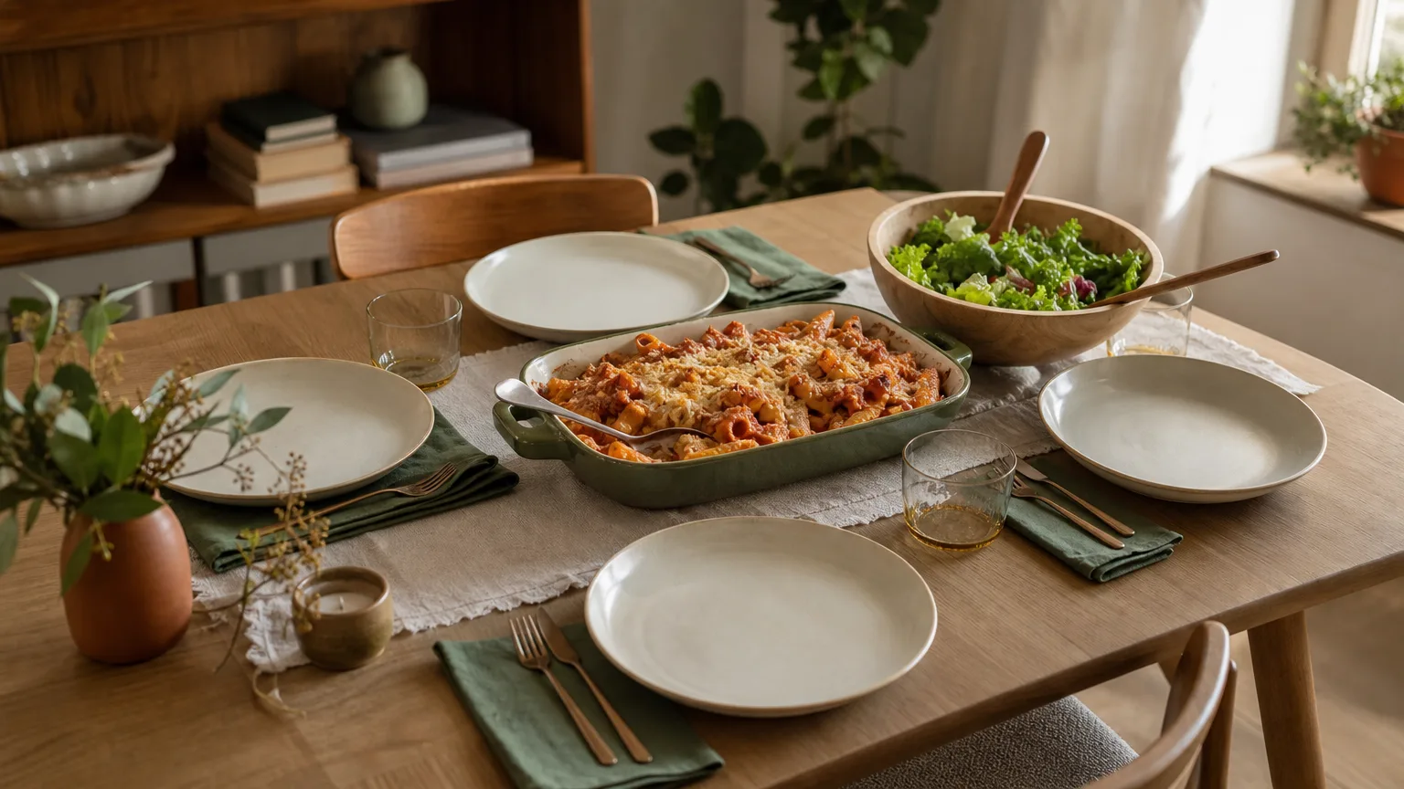 A dinner table for four with a baked pasta dish and a salad in the middle