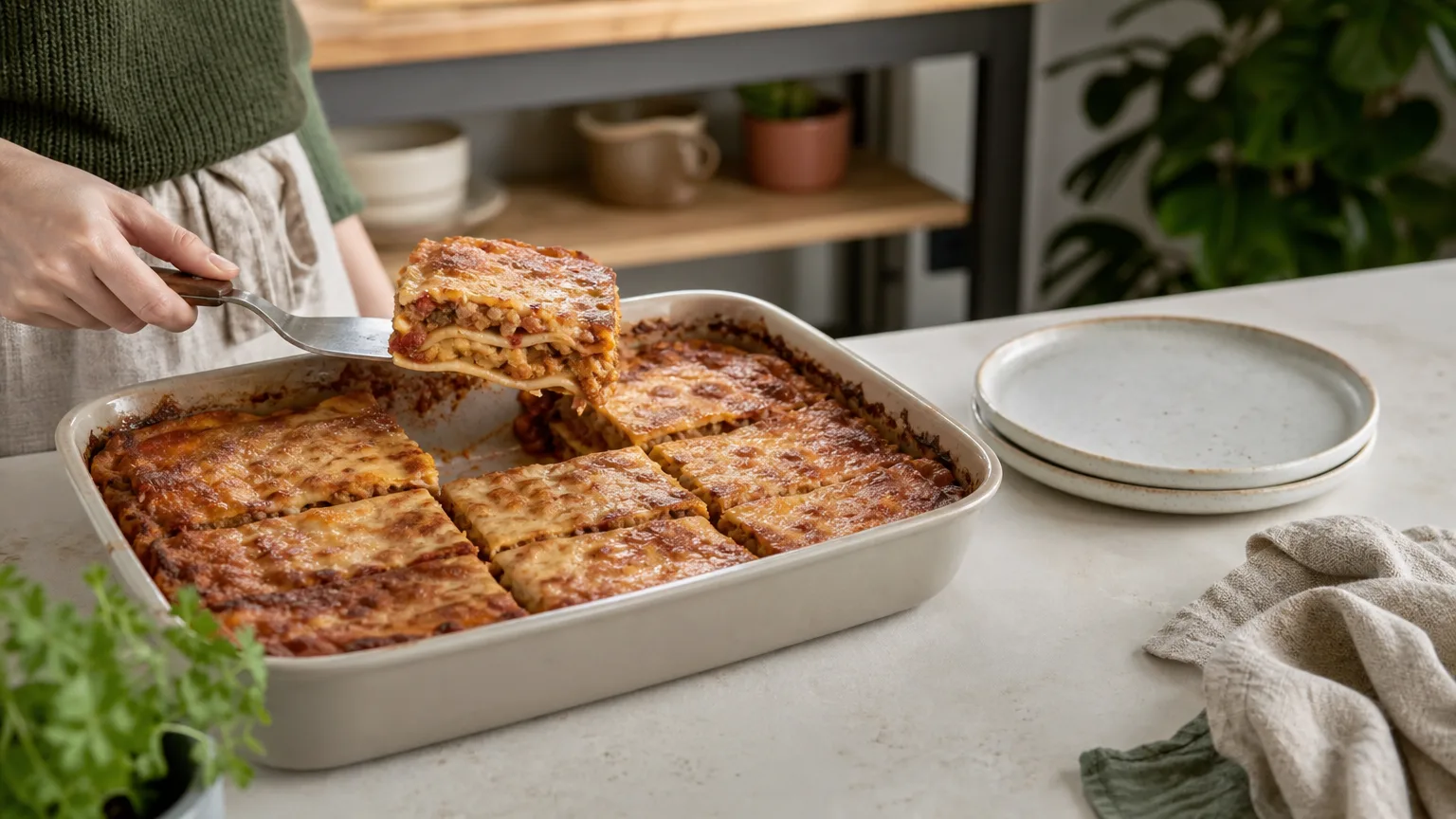 A tray of lasagna cut into squares, with one piece lifted out on a spatula