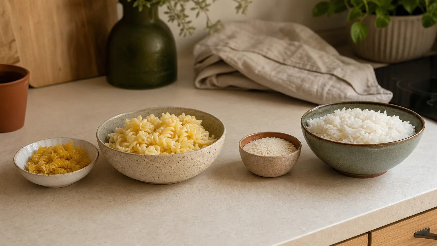 Dry pasta and raw rice next to the same amounts cooked, which fill much bigger bowls