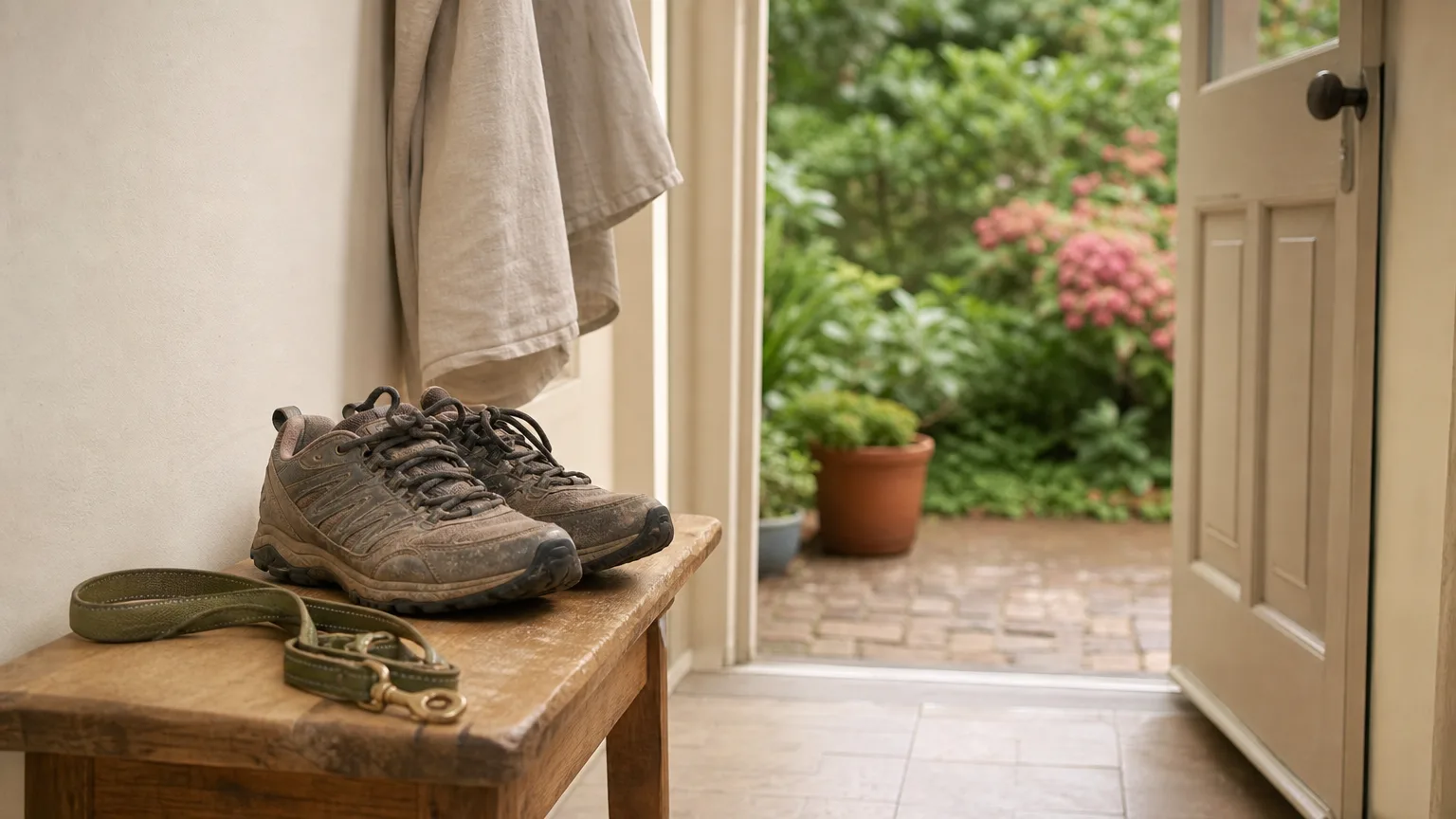 Walking shoes and a dog leash on a bench by an open back door leading to a garden