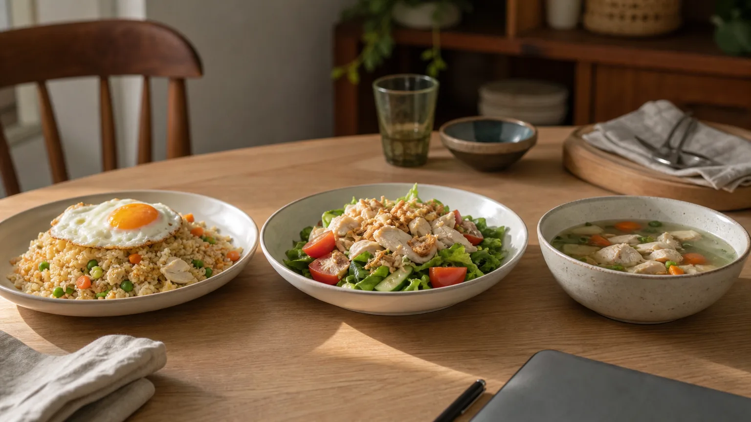 Fried rice with an egg, a chicken salad and a chicken soup made from the same bases
