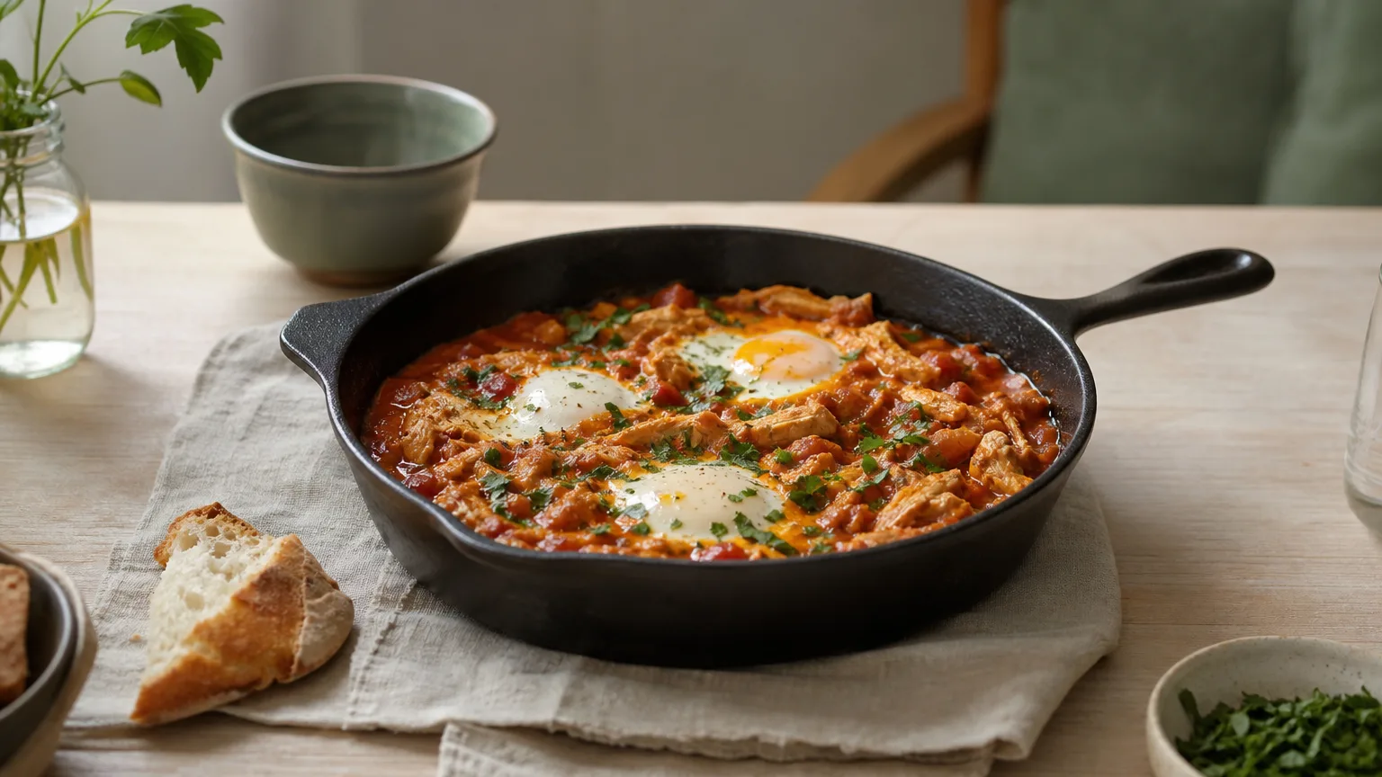 A skillet of shakshuka with eggs baked in tomato sauce and crusty bread