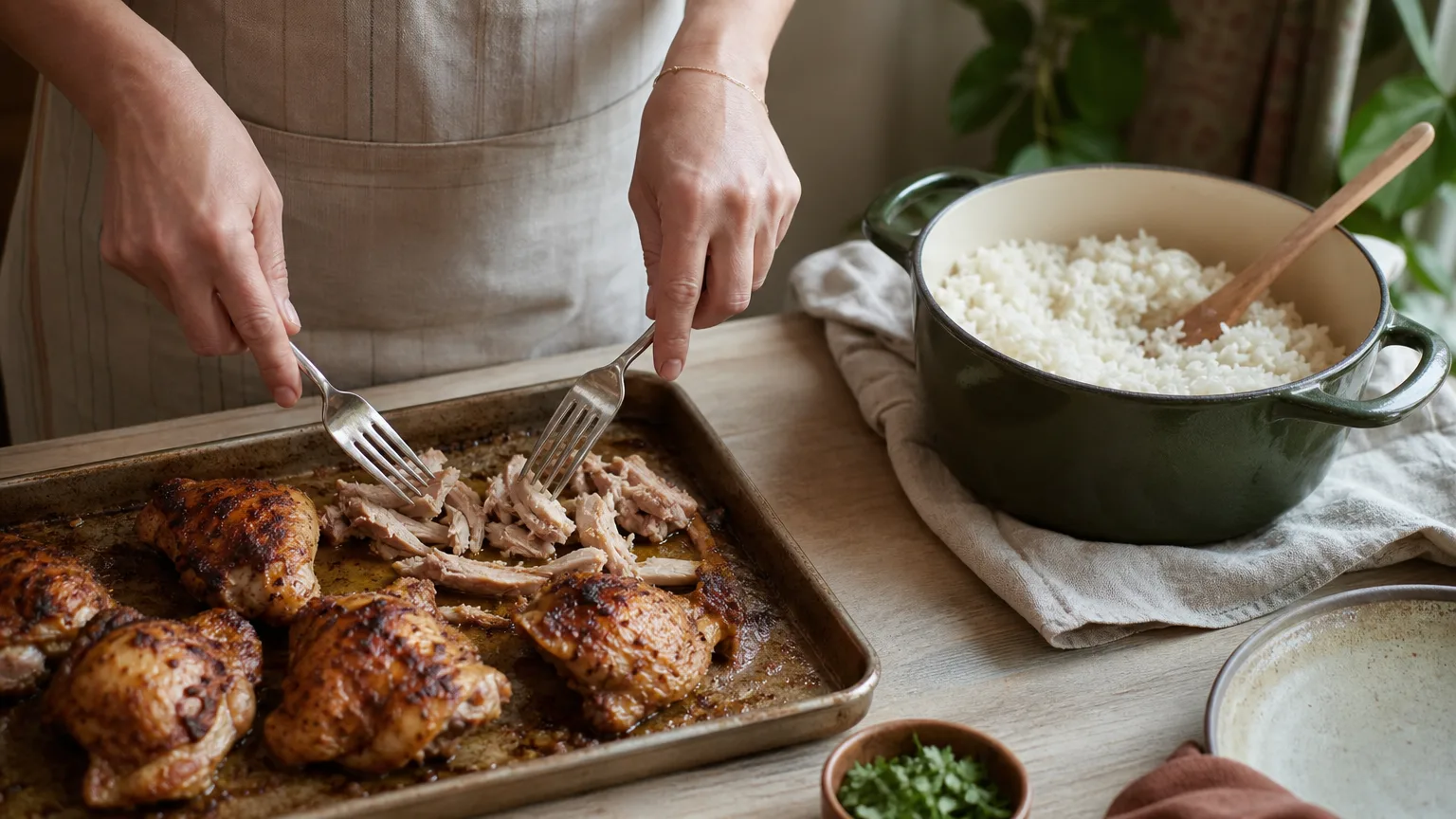 Hands shredding roasted chicken with two forks next to a pot of rice