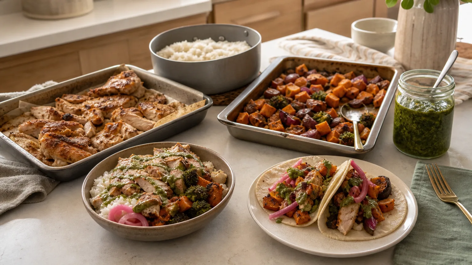 Roasted chicken, rice, vegetables and green sauce turned into a rice bowl and tacos