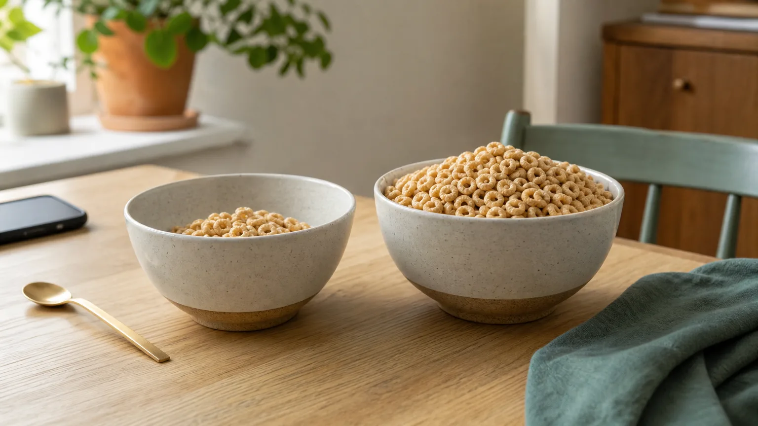 A small serving of cereal next to a heaped bowl of the same cereal