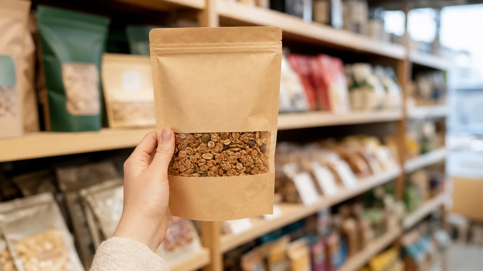 A hand holding a bag of granola in front of a blurred grocery shelf