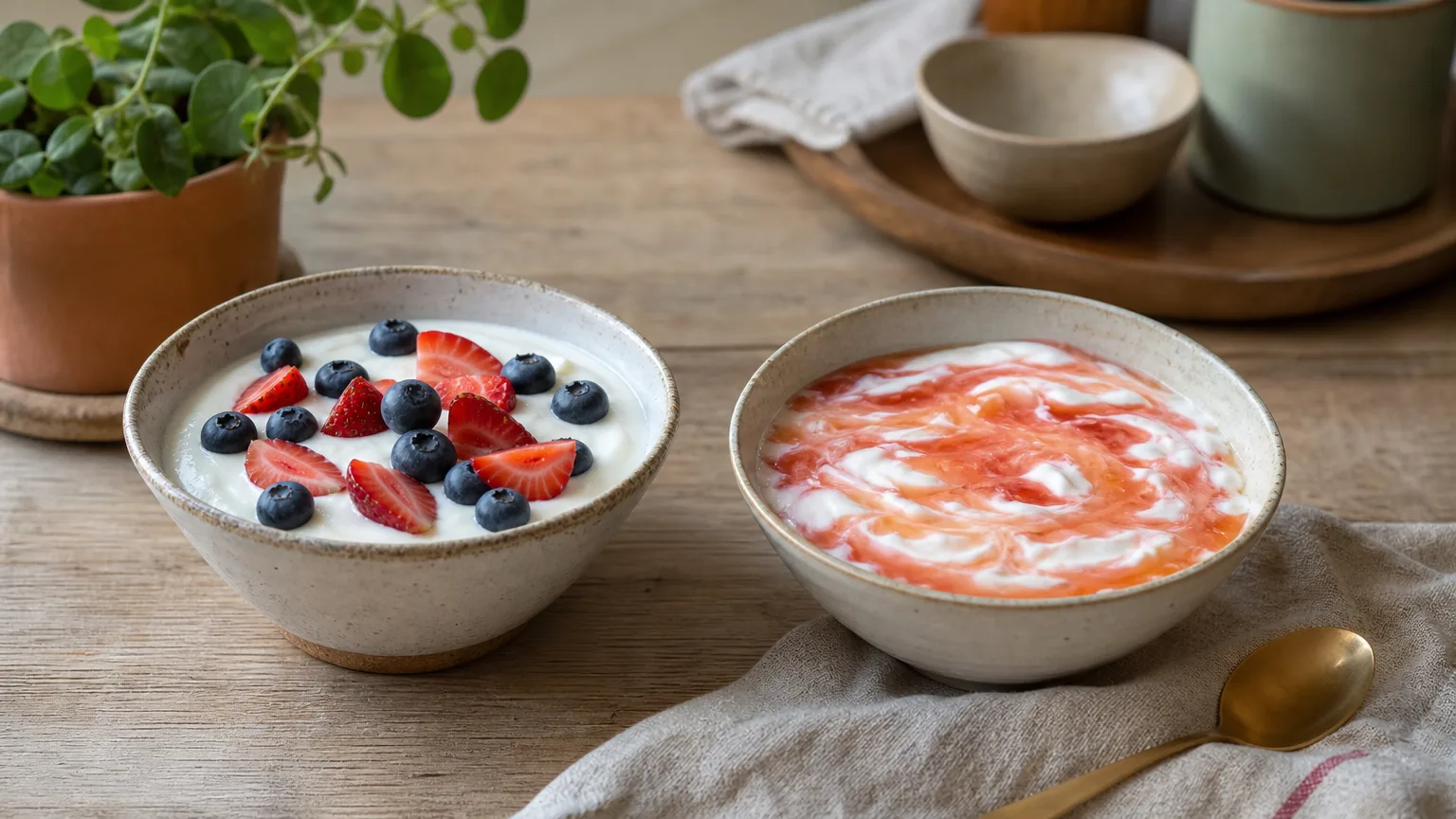 Plain yogurt with berries next to a yogurt swirled with fruit syrup