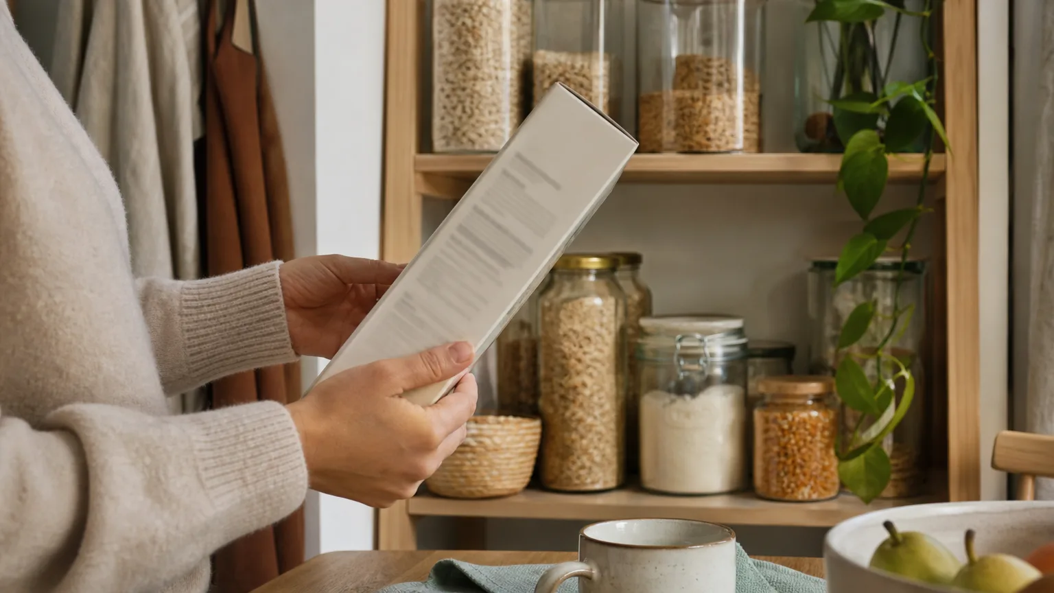 Hands holding a cereal box turned to its side panel in a pantry