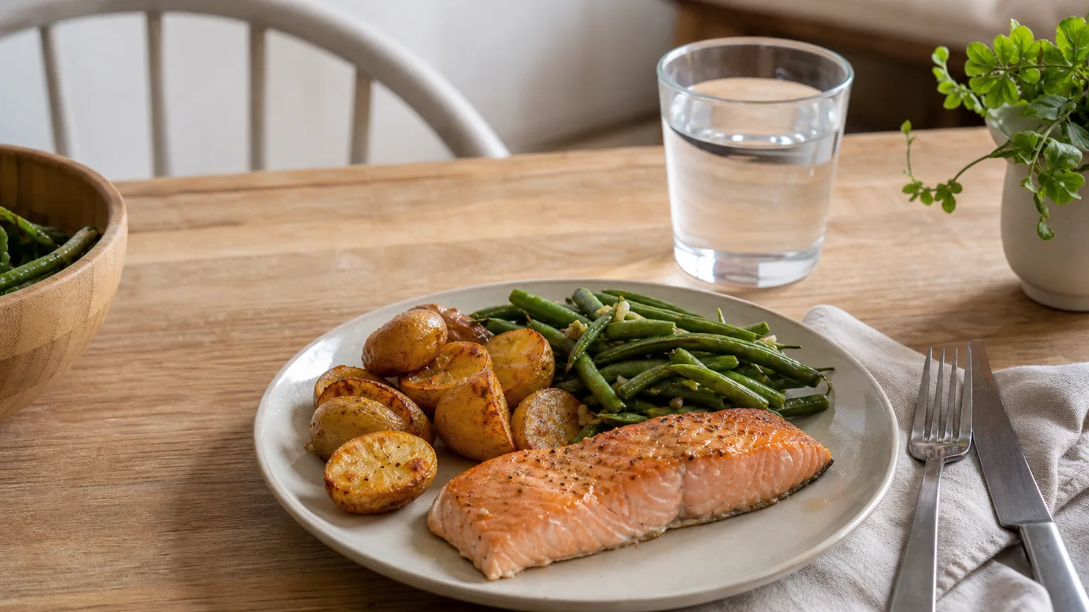 A moderate dinner of salmon, roasted potatoes and green beans