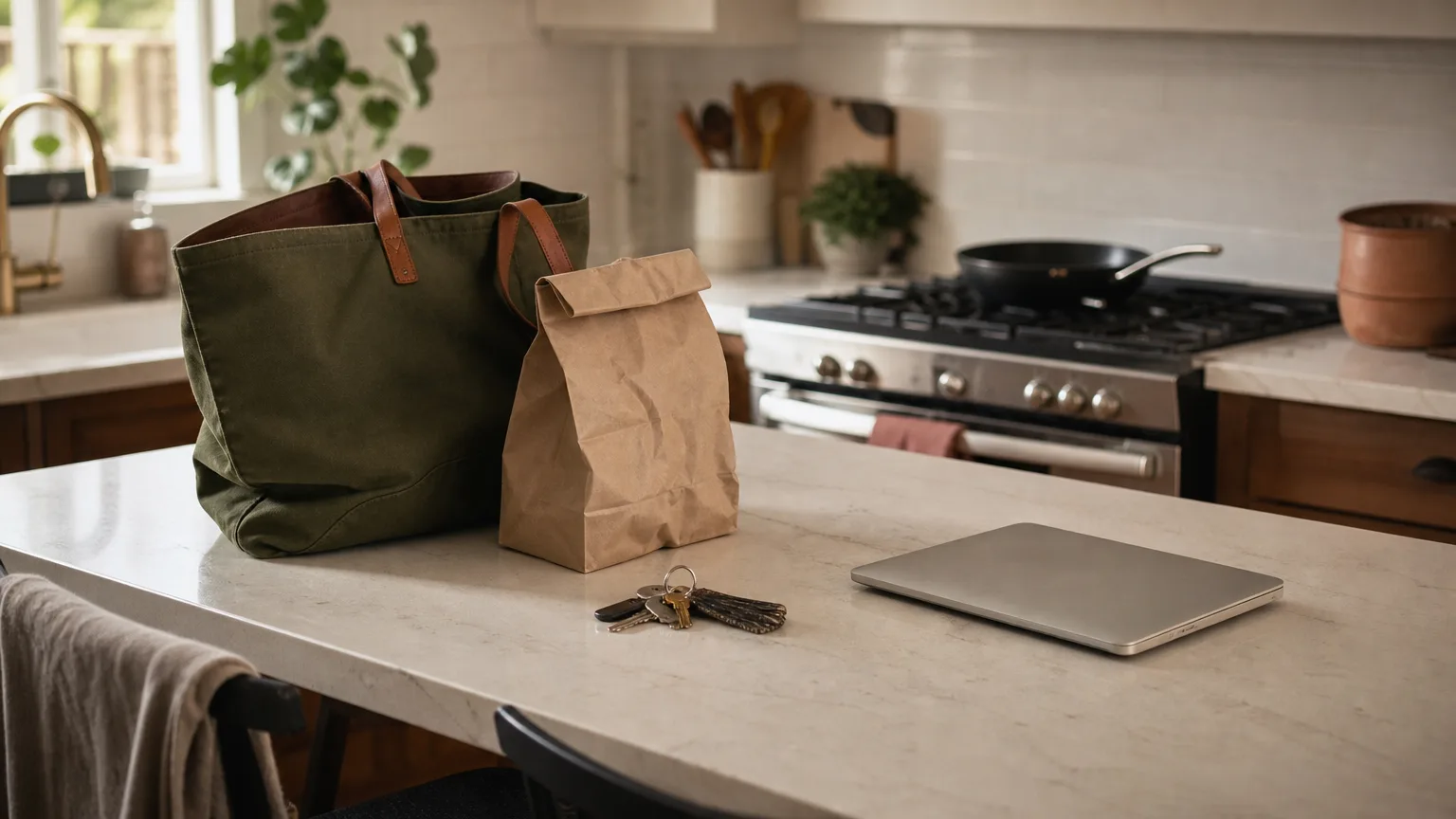 A work bag, a takeout bag, keys and a closed laptop on a kitchen counter
