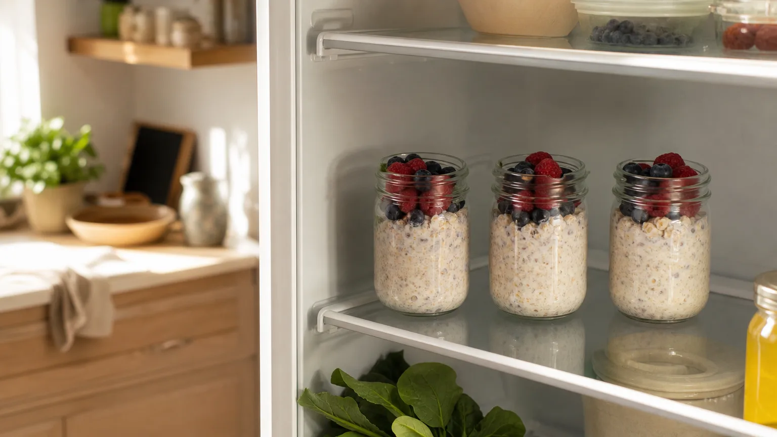 Three identical jars of overnight oats with berries on a fridge shelf