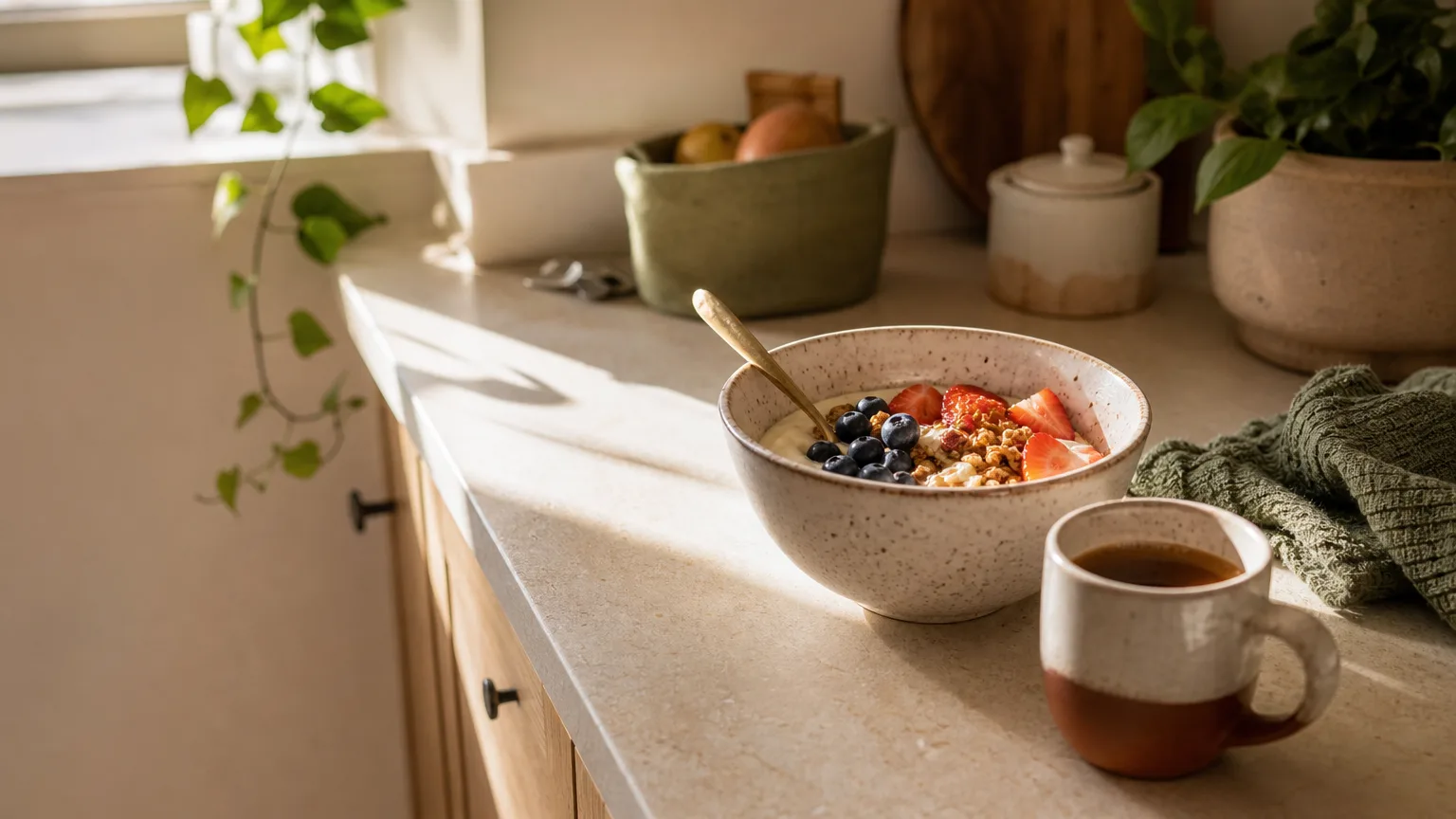 A Monday-morning breakfast of coffee and yogurt with berries in a sunlit kitchen