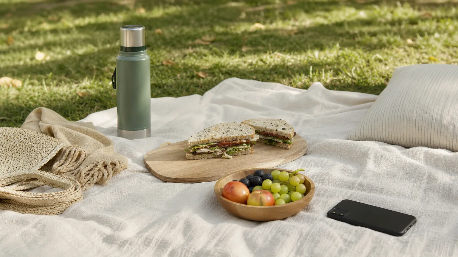 A picnic blanket with sandwiches, fruit, a thermos and a face-down phone