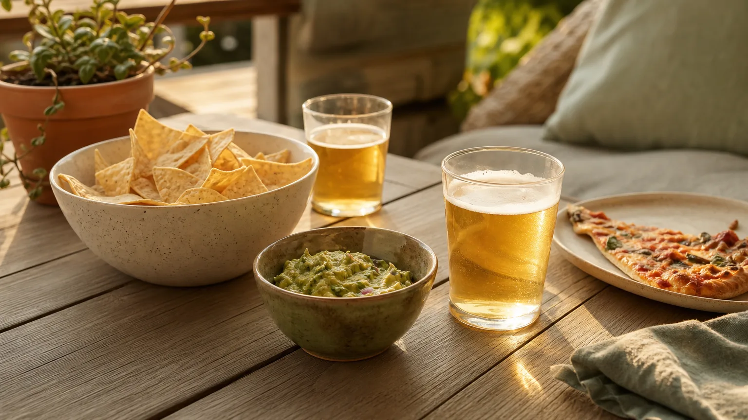 Chips, guacamole, two beers and a slice of pizza on a patio table at golden hour