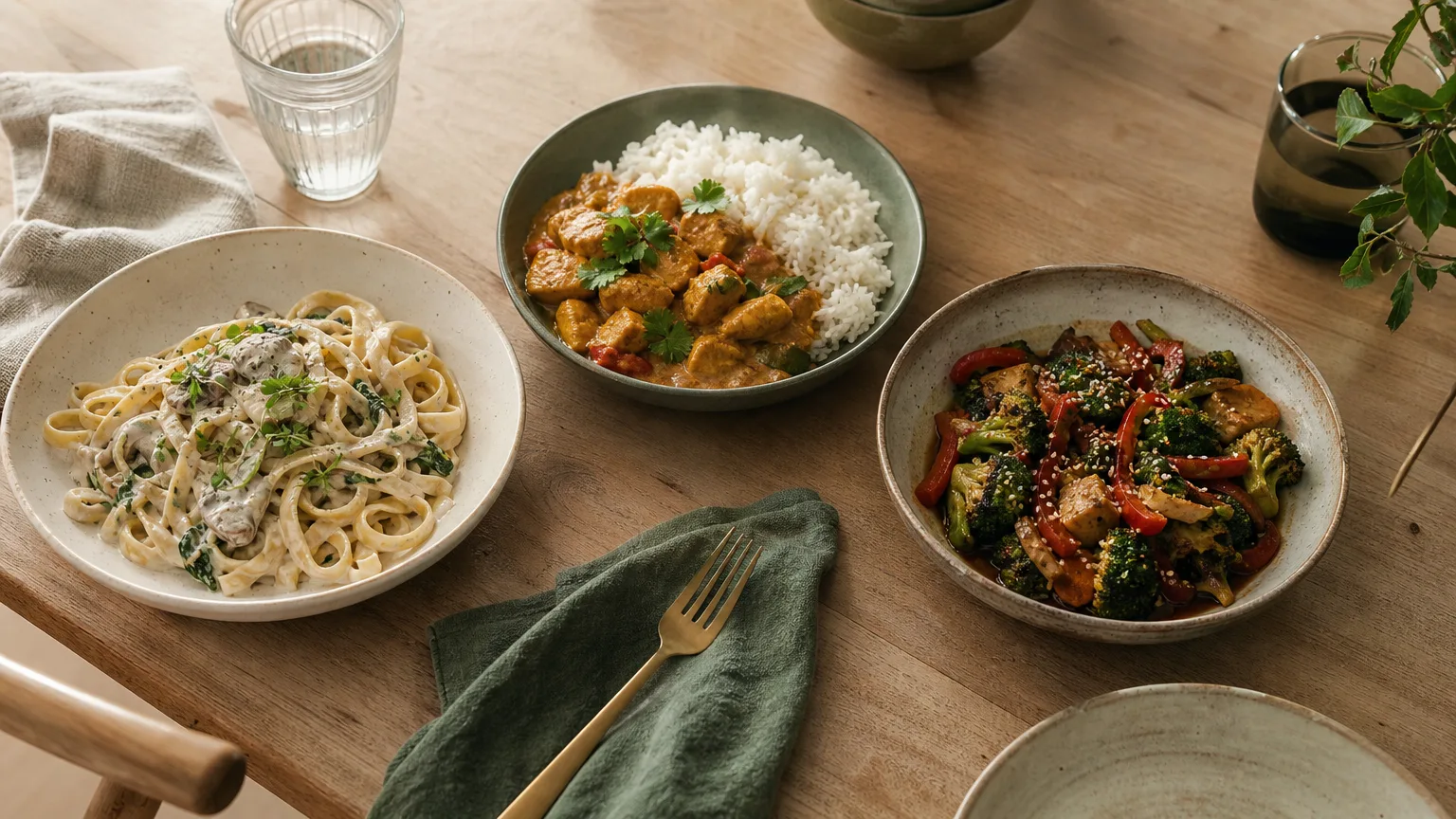 Overhead view of creamy pasta, chicken curry with rice and a vegetable stir-fry