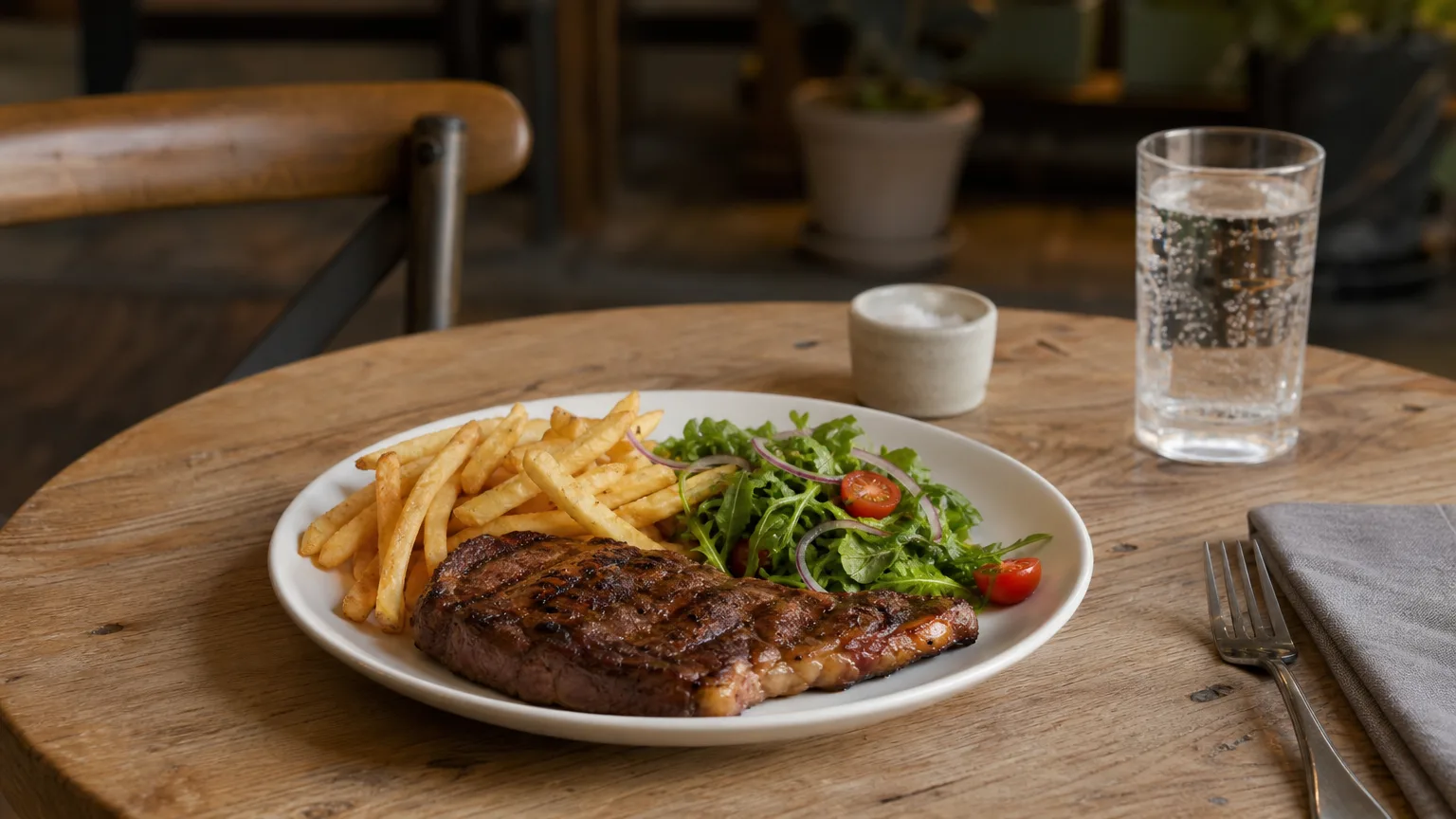 Restaurant plate of steak, fries and salad on a bistro table