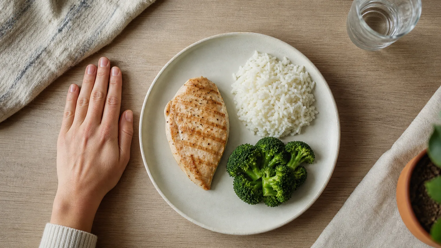 A hand beside a plate of chicken, rice and broccoli, used to judge portion sizes