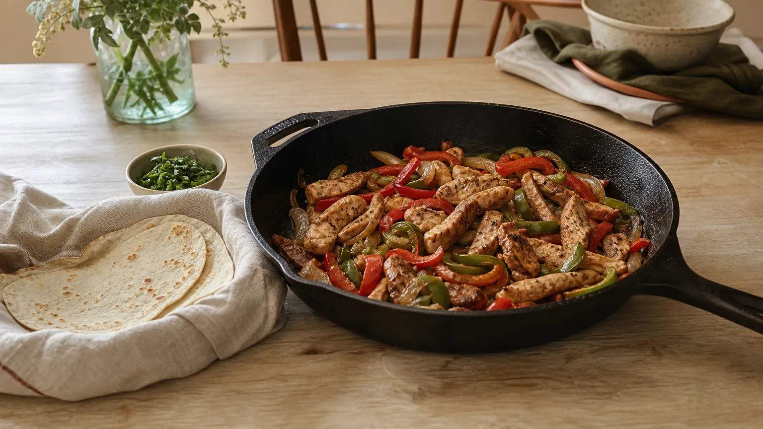 A skillet of seared chicken, peppers and onions with warm tortillas