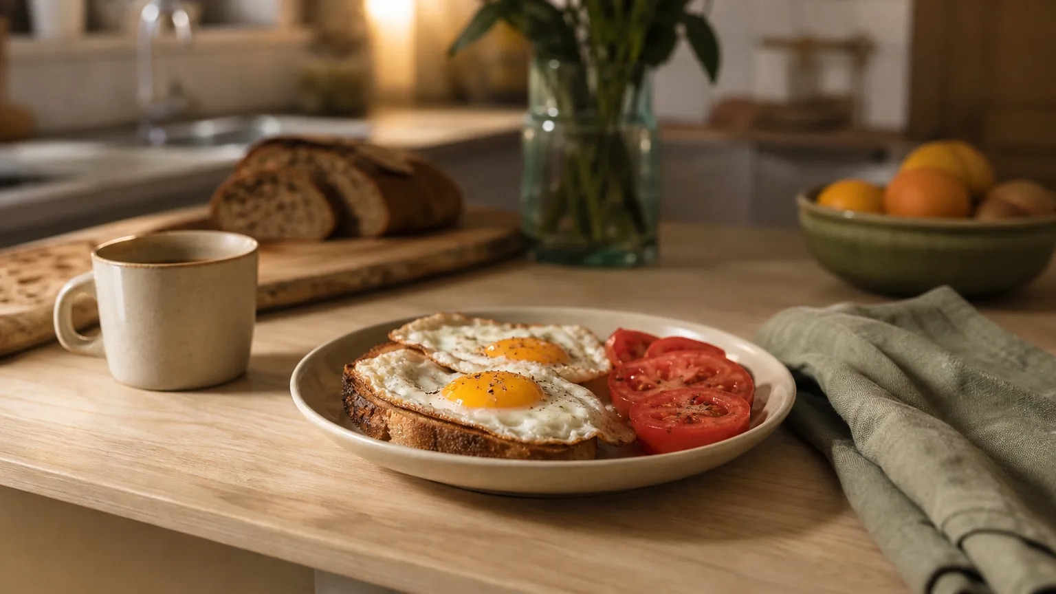 Fallback dinner of fried eggs on toast with sliced tomatoes