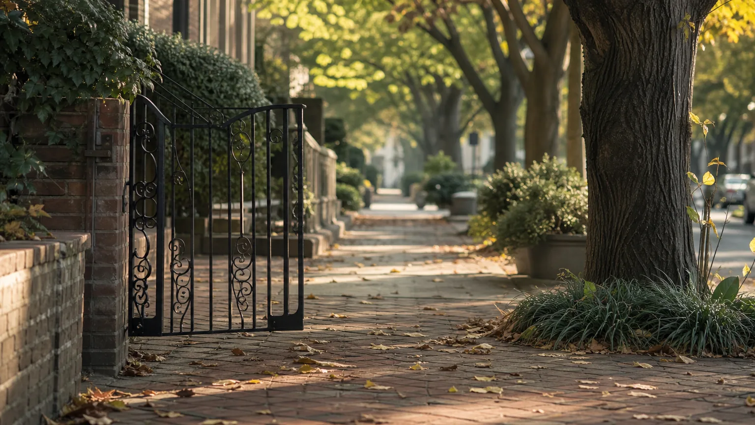 A quiet tree-lined sidewalk in early morning light, with leaves on the pavement and an open front gate