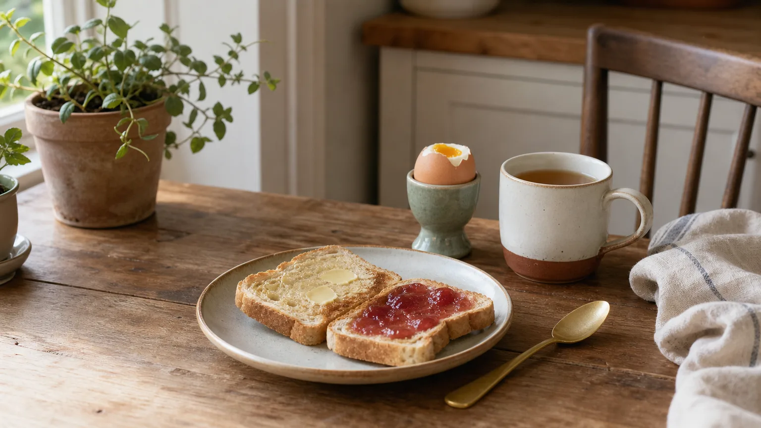 A simple breakfast of toast with jam, a boiled egg and a cup of tea
