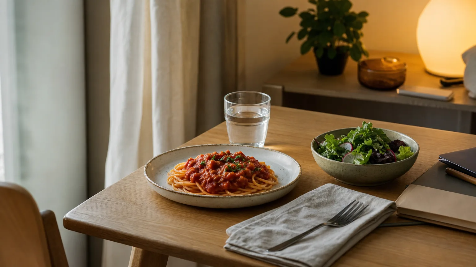 A simple dinner of pasta with tomato sauce and a side salad, set for one