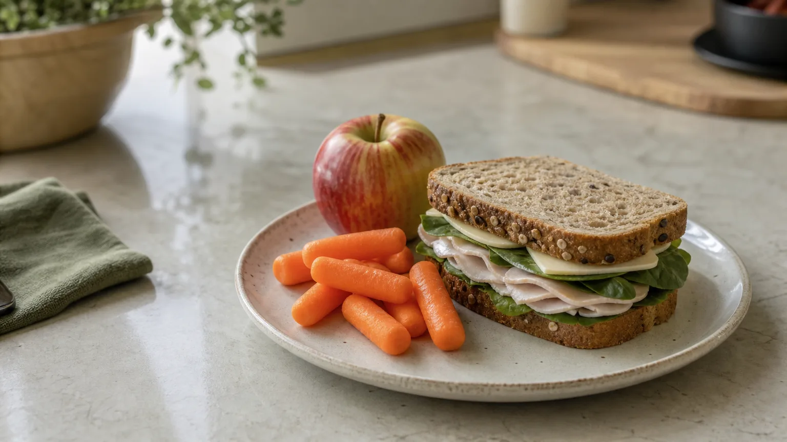 A turkey sandwich, baby carrots and an apple on a plate at a kitchen counter