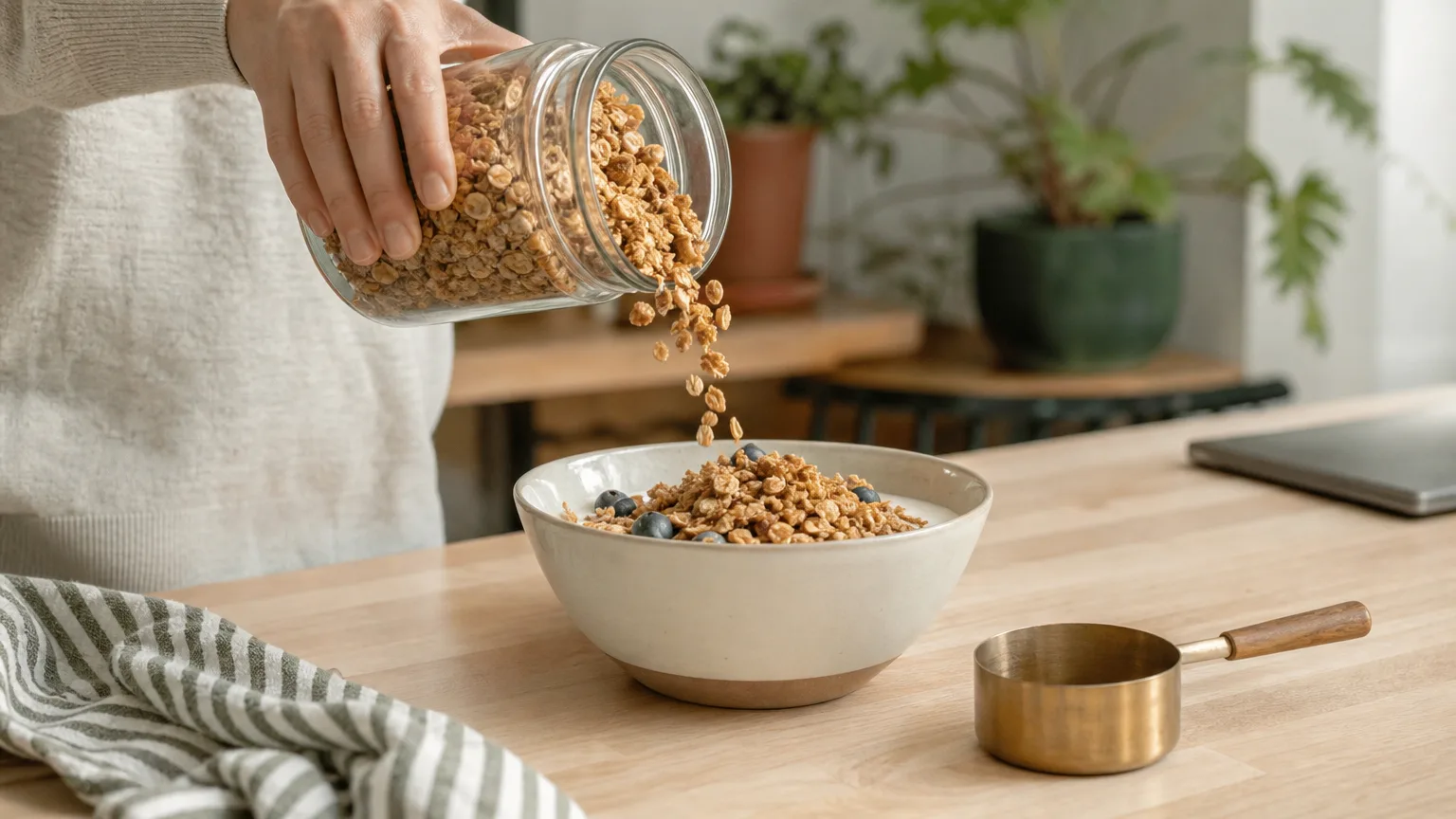 Granola poured into a bowl next to a half-cup measuring cup