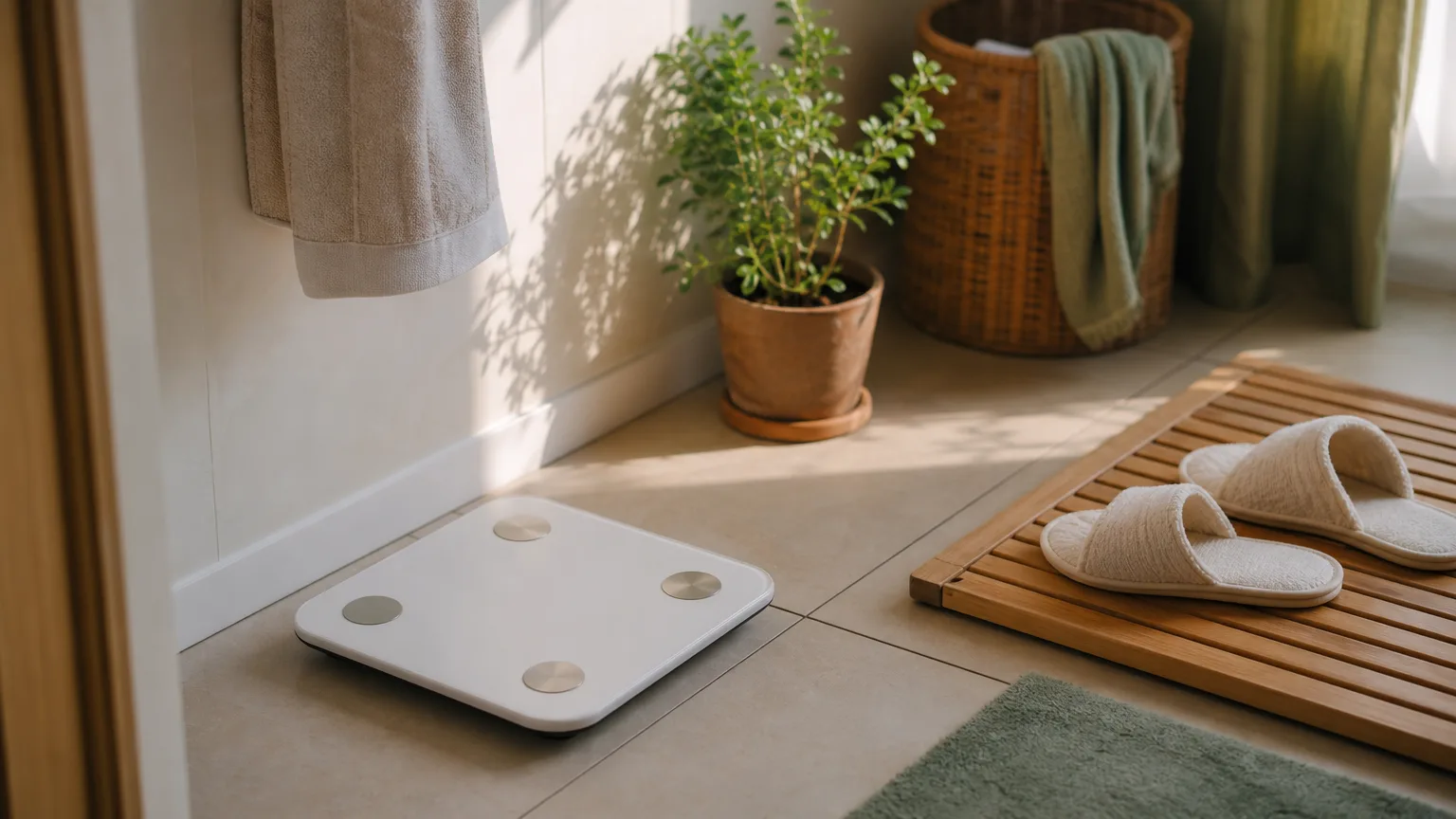A bathroom scale beside a wooden bath mat and slippers in early morning light