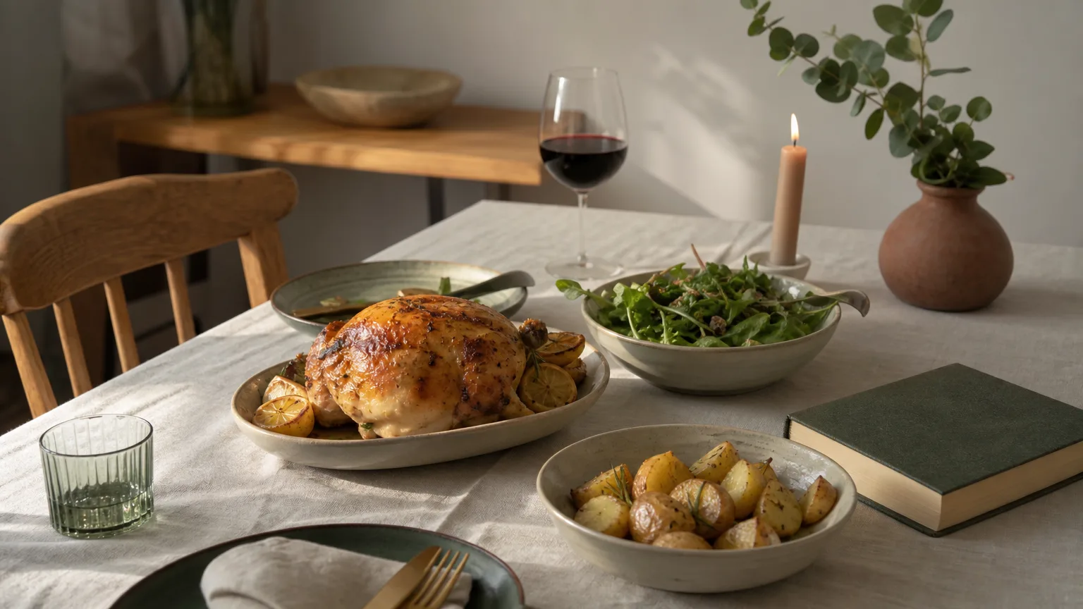 A relaxed home dinner of roast chicken, potatoes and salad with a glass of wine