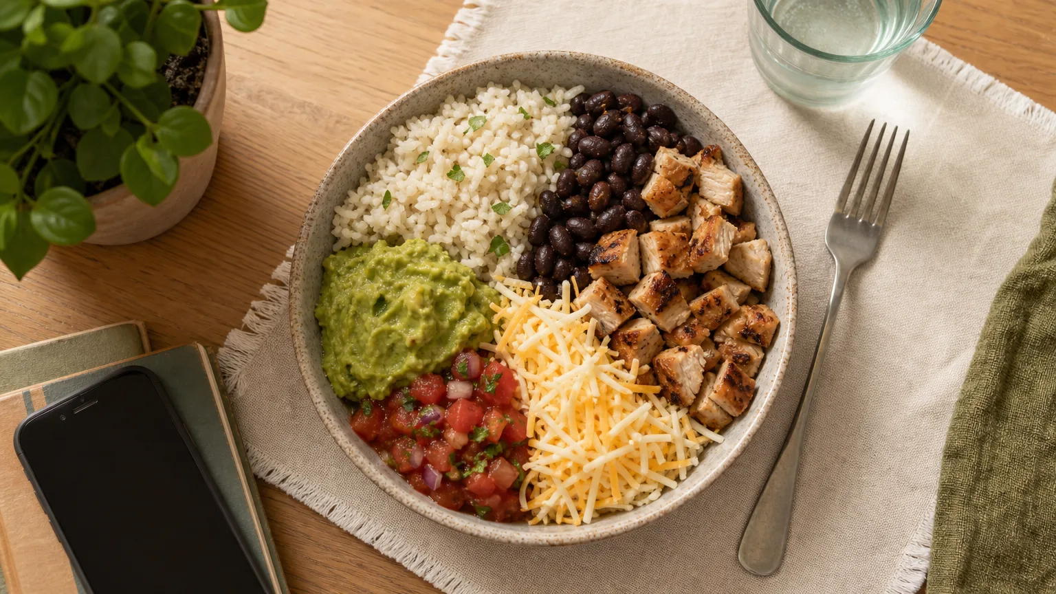 Overhead burrito bowl with rice, black beans, chicken, salsa, cheese and guacamole