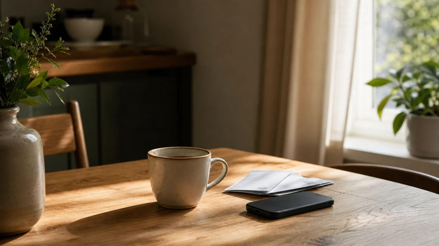 Coffee, a face-down phone and a few folded receipts on a kitchen table in the morning