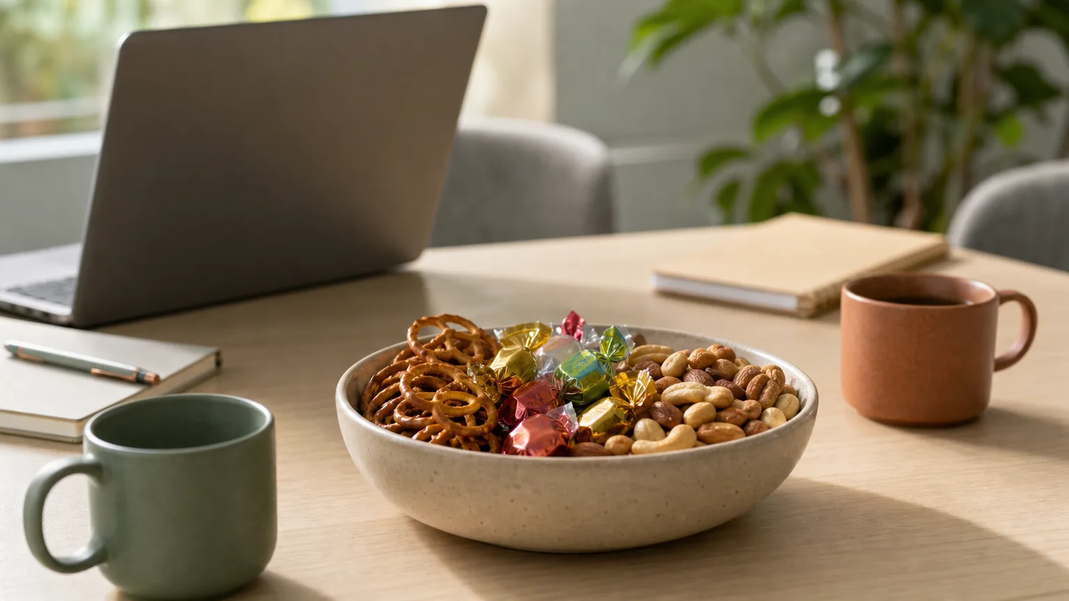 A bowl of pretzels, candy and nuts on a meeting table beside two coffee cups