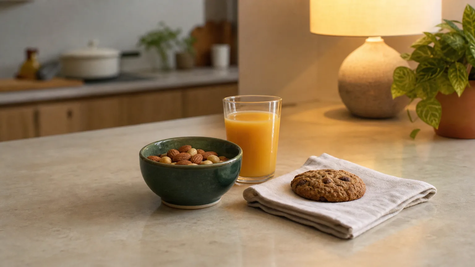 Evening snacks on a counter: a bowl of nuts, a glass of juice and a cookie on a napkin